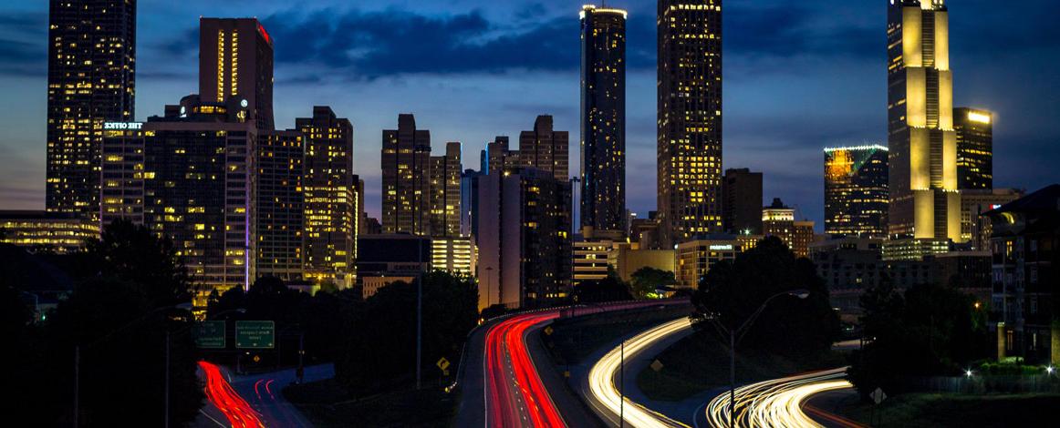 Skyline of city in Texas at night